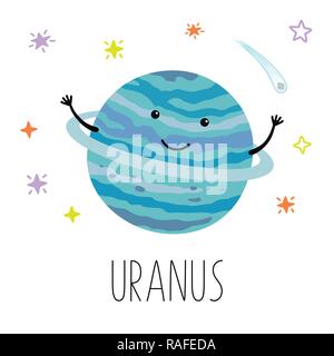 Cartoon Uranus planet. Vector illustration isolated on white background. Cute print for baby products. Stock Vector