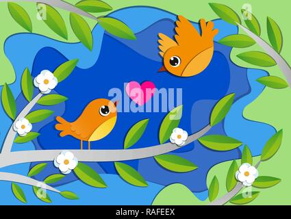 Birds in love on the blooming tree in spring. Paper art style Stock Vector