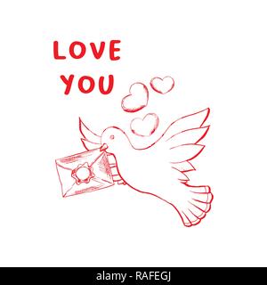 Love you sketch vector color illustration. Hand drawn angel wings and rose flower isolated clipart. Doodle outline drawing. Valentine day greeting card, dove holding envelope poster Stock Vector