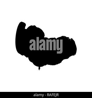 Ebony ink blob. Black blotch on white background. Ink splatter with droppings. Black paint spilled drop cover and textile design element. Paint blob. Inkblot on paper. Isolated vector illustration Stock Vector