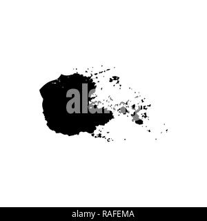 Ebony ink blob. Black blotch on white background. Ink splatter with droppings. Black paint spilled drop cover and textile design element. Paint blob. Inkblot on paper. Isolated vector illustration Stock Vector