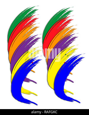 illustration of paint strokes forming colorful feathers green, orange, red, purple, yellow and blue on a white background Stock Photo