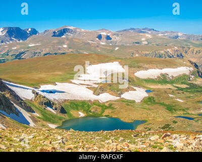Aerial Alpine lake along Beartooth Highway, Northeast gateway of Yellowstone National Park. Beartooth Highway, the most beautiful drive in America, is a section of Route 212 in Montana and Wyoming. Stock Photo