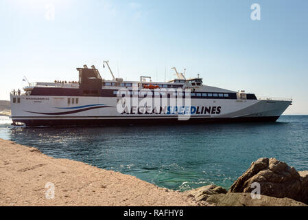 SERIFOS, GREECE - September 20, 2018: Speed Runner III ferry boat arrived at port of Livadi town in Serifos, Greece.