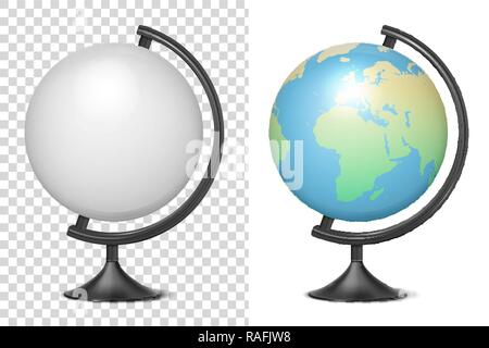 Vector Realistic 3d Globe of Planet Earth blank and with Map of World Icon Closeup Isolated on White Background. Design Template of School Globe on Table, Model of Earth for Graphics, Clipart, Mockup Stock Vector