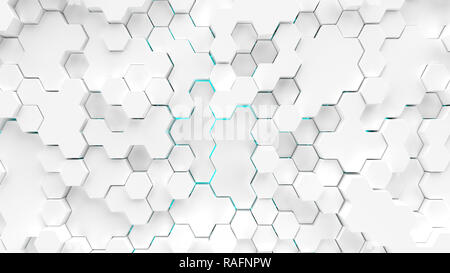 Abstract white hexagons surface with blue illumination. 3d render illustration Stock Photo