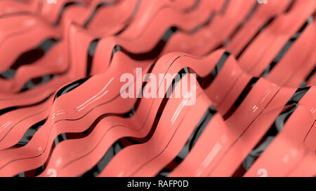 Living coral color wavy background with black stripes. 3d render illustration Stock Photo