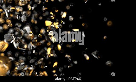 Gold and glass particles on black background. 3d render illustration Stock Photo