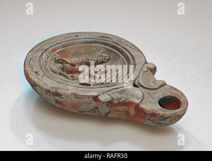 Lamp, North Africa, 1st - 4th century, Terracotta, 2.5 x 7.6 x 11 cm (1 x 3 x 4 5,16 in.). Reimagined Stock Photo