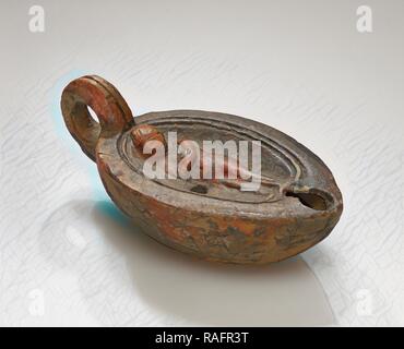 Lamp, North Africa, 1st - 4th century, Terracotta, 2.5 x 5.1 x 9 cm (1 x 2 x 3 9,16 in.). Reimagined Stock Photo