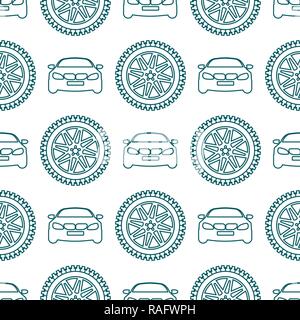 Seamless pattern with cars and wheels. Automotive background. Transport backdrop. Stock Vector