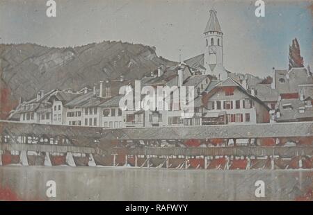 View of Thun, Switzerland, Alphonse-Louis Poitevin (French, 1819 - 1882), 1840 - 1843, Daguerreotype. Reimagined Stock Photo