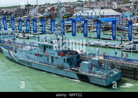 HMC Vigilant a Border Agency (Customs) cutter moored in Cowes Harbour, Hampshire, Isle of Wight, England, UK Stock Photo