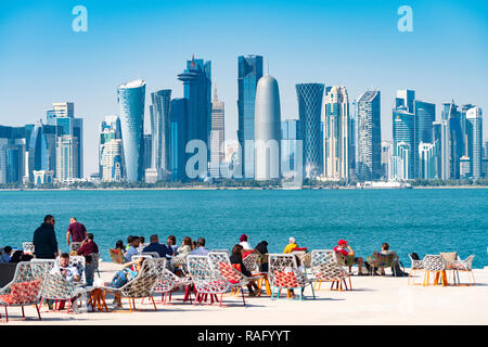 MIA Park cafe  and skyline of Doha in Qatar Stock Photo