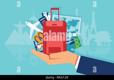 Vector of vacation and tourism concept with icons baggage suitcase, passport, money, map isolated on famous landmarks background Stock Vector