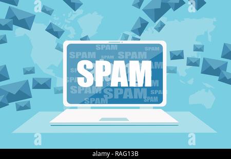 Vector of a spam email envelope warning window on laptop screen. Virus, piracy hacking and security concept. Banner of e-mail protection software. Stock Vector