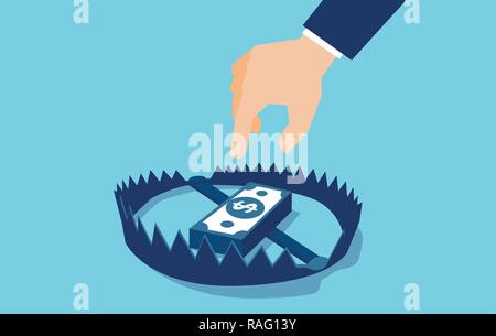 Vector of a businessman hand trying to reach money trap with dollar banknotes Stock Vector