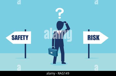 Vector of a businessman with question feeling confused at crossroads Stock Vector