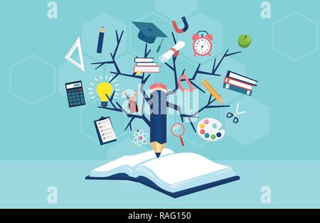 Vector for education concept. Tree of knowledge and open book, modern education template design. Stock Vector