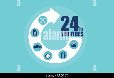Circle arrow step services 24 hours with icons for automobile care. Vector for car services concept Stock Vector
