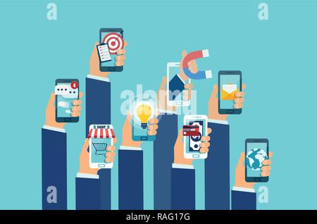 Vector of multiple hands holding smartphones with mobile applications. Concept for mobile apps Stock Vector