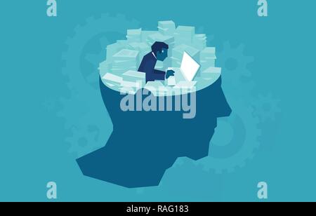 Concept vector design of writer sitting in human mind and creating story with piles of papers around Stock Vector