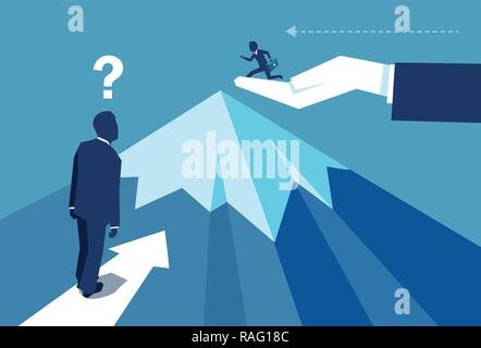 Vector design of businessman with question mark looking at opponent reaching mountain top with authority help Stock Vector