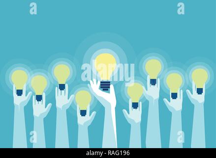 Concept of great ideas competition. Vector of multiple hands holding bright lightbulbs. Stock Vector