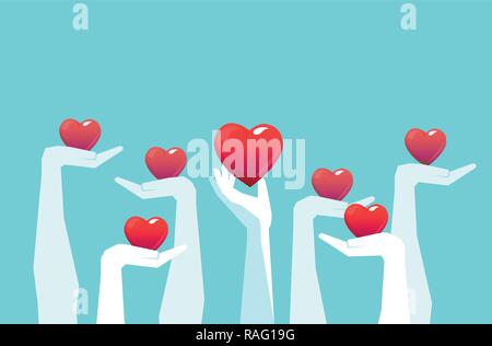 Vector of raised hands holding giving red color hearts isolated on light blue background. Charity volunteering voting concept. Stock Vector