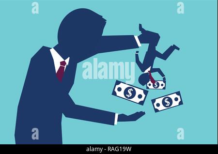 Vector concept of man shaking business partner to take all his money on blue background Stock Vector
