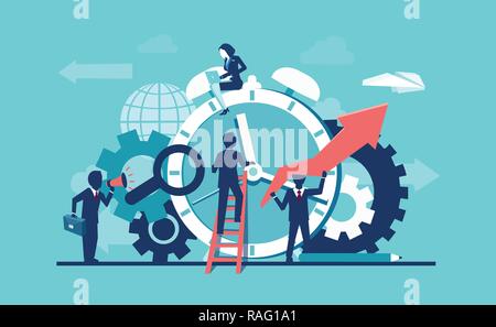 Vector of businesspeople company team working around alarm clock rings on blue background. Time management concept Stock Vector