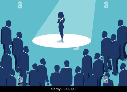 Graphic design of businesswoman standing in spotlight being boss and leader among men in business world Stock Vector