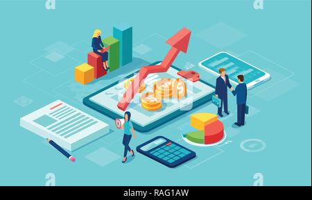 Vector of data analysis concept with team of businesspeople growing successful business using modern technology gadgets Stock Vector