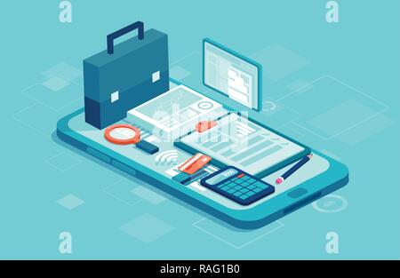 Finance management app for enterprises concept. Vector of a business equipment and icons on a smartphone Stock Vector