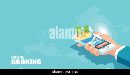 Vector vacation tourism and online booking of airline tickets concept. Buying travel package. Business flights worldwide. Boarding pass Stock Vector