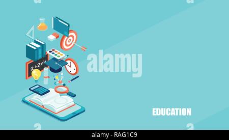 Education 3d isometric web icons. Vector abstract background for online learning, distant graduation and school. Stock Vector