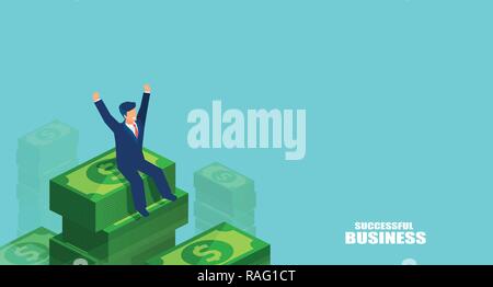 Graphic design of businessman in isometric style sitting on tall pile of dollars celebrating victory on blue background Stock Vector