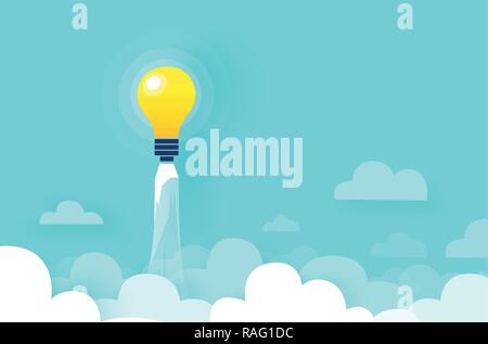 Vector of light bulb rocket flying up over clouds. Innovation concept Stock Vector