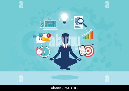 Vector of businessman meditating having a break at work. Multitasking office worker in suit on blue gear mechanism background Stock Vector