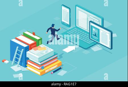 Isometric vector of a businessman switching to digital technology from paper. Business IT concept web infographics. Stock Vector