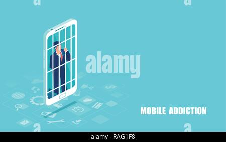 Mobile phone prisoner and addiction concept. Vector of a businessman addicted to cellphone. Unhappy character inside smart phone, as symbol of danger  Stock Vector