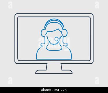 Online customer service line icon. Helping women on computer monitor. Stock Vector