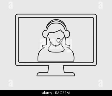 Online customer service line icon. Helping women on computer monitor. Stock Vector