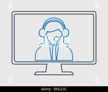 Online customer service line icon. Helping women on computer monitor. Stock Vector