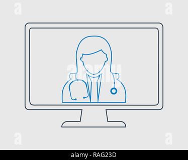 Online Medical help line  Icon. Female Doctor is on computer screen with gray background. Stock Vector