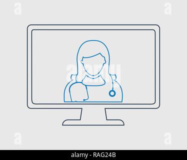 Online Medical help line  Icon. Female Doctor is on computer screen with gray background. Stock Vector