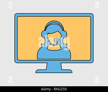 Colorful Online customer service icon. Helping women on computer monitor. Stock Vector