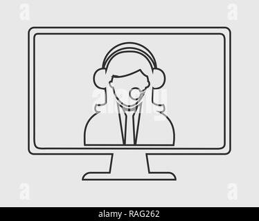 Online customer service line icon. Helping women on computer monitor. Stock Vector