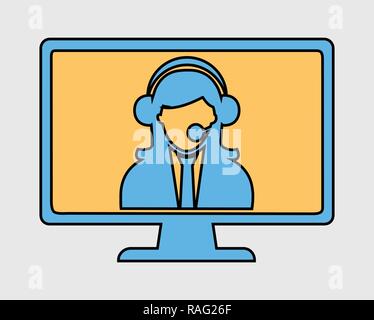 Colorful Online customer service icon. Helping women on computer monitor. Stock Vector