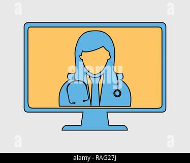 Colorful Online Medical help Icon. Female Doctor is on computer screen with gray background. Stock Vector